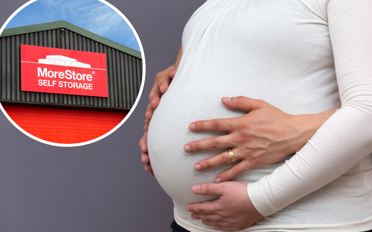 Two people stood together, with one person stood behind the other holding the baby bump, and MoreStore Self Storage facility.