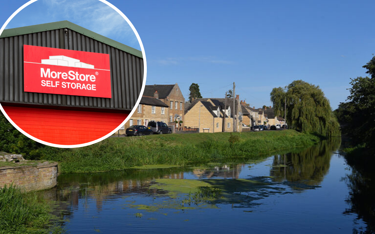 MoreStore Self Storage building with red signage, overlaid with a riverside view in the Deepings area.