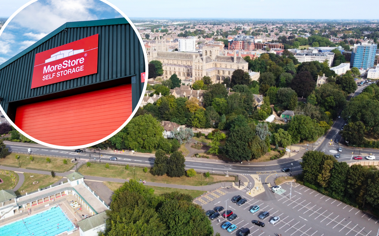 Aerial view of Peterborough city with an inset image of MoreStore Self Storage building.