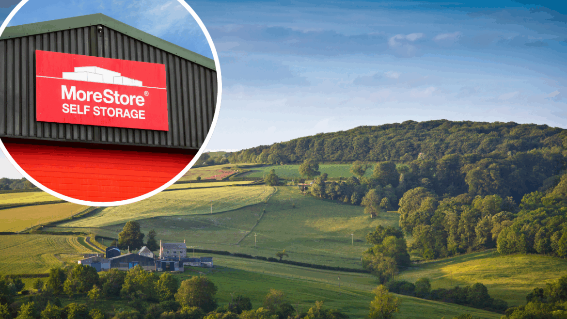 MoreStore Self Storage building sign overlaid on rural countryside landscape representing storage options for rural customers