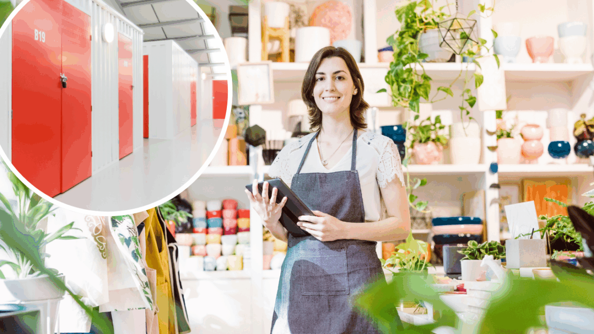 Small business owner in a retail shop holding a tablet, with inset image of secure self storage units