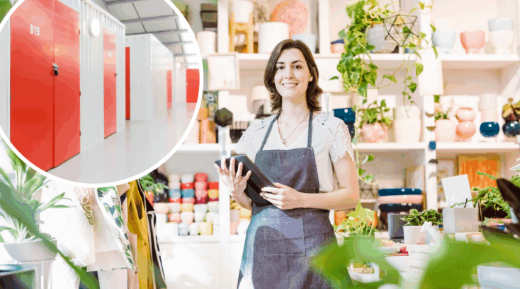 Small business owner in a retail shop holding a tablet, with inset image of secure self storage units