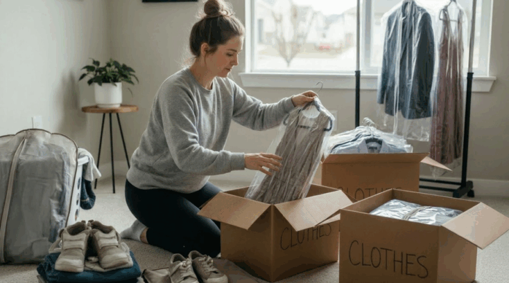Woman packing clothes into storage boxes at home with garments on hangers and folded items nearby