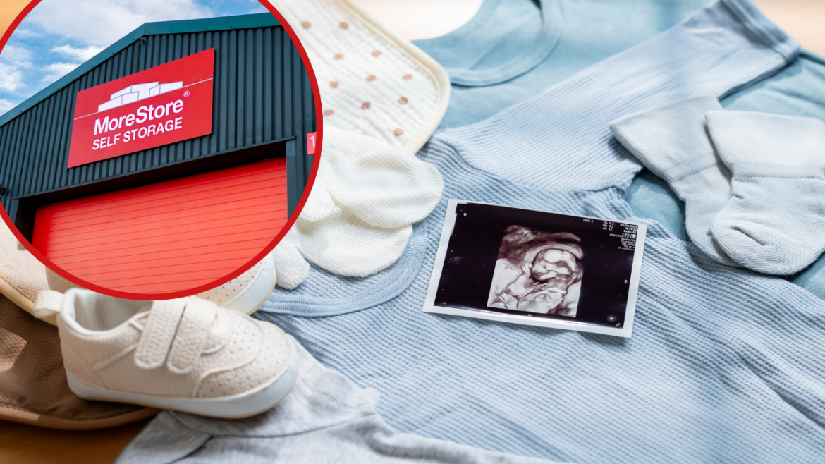 Baby clothes, shoes, mittens and an ultrasound scan arranged on a blue outfit, alongside a MoreStore Self Storage facility sign, representing preparing your home for a new baby with self storage.