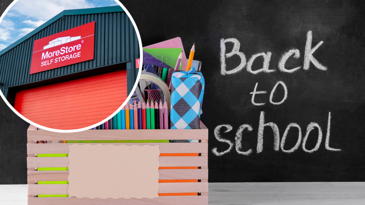 Back to school supplies in a wooden crate with MoreStore Self Storage branding, promoting decluttering and storage solutions for the new school term.