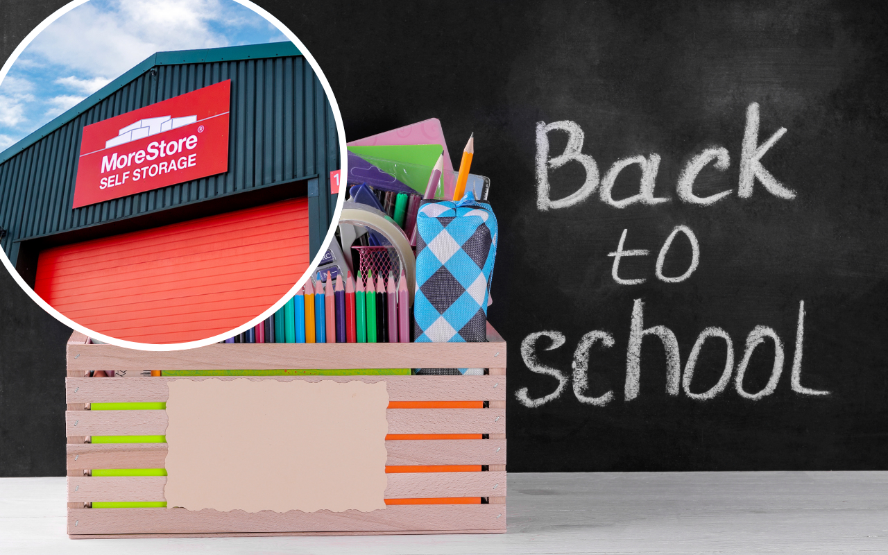 Back to school supplies in a wooden crate with MoreStore Self Storage branding, promoting decluttering and storage solutions for the new school term.