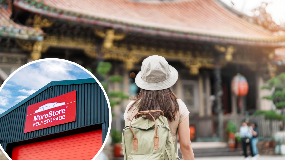 Woman with a backpack travelling abroad, with an inset image of the MoreStore Self Storage facility.