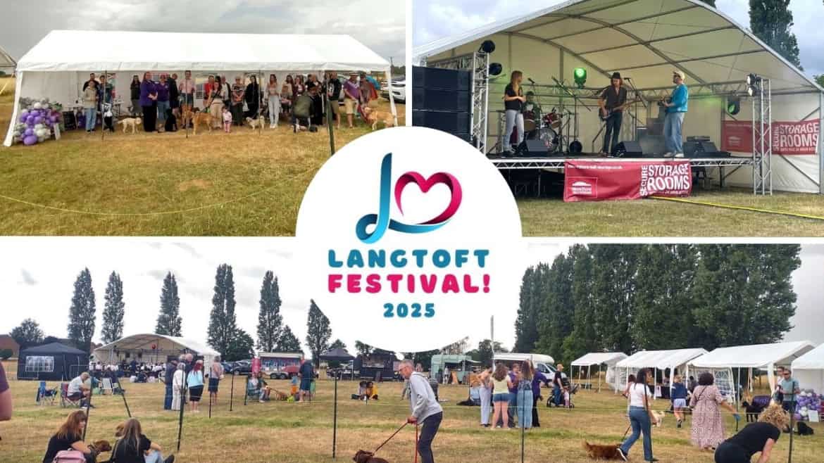 Collage of images from the Langtoft Festival 2025 featuring a band on stage and people with their dogs walking around the festival