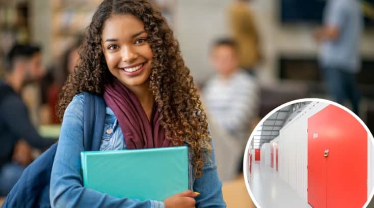 Student smiling and a student storage unit