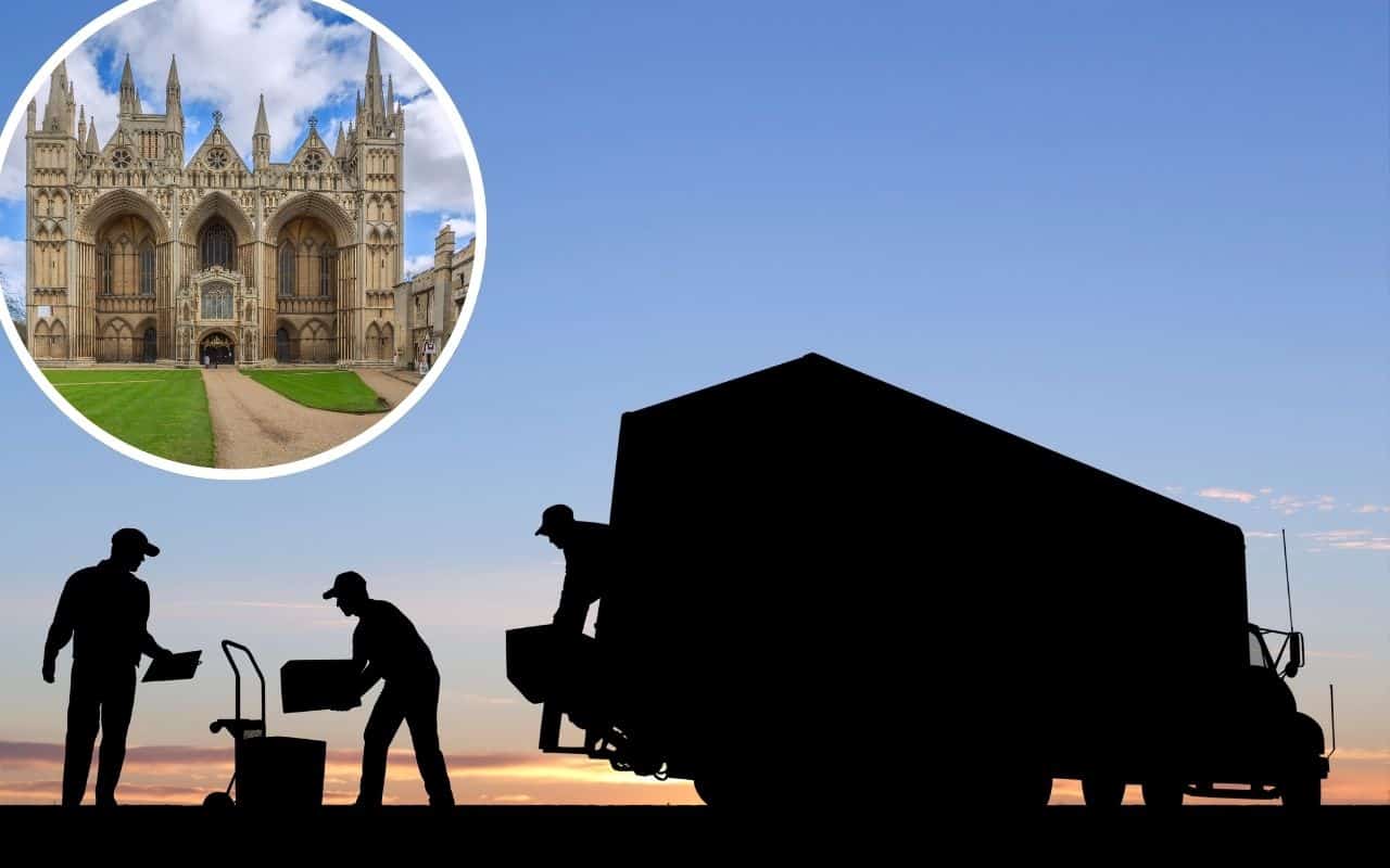 People unloading a removals van and a photo of Peterborough Cathedral